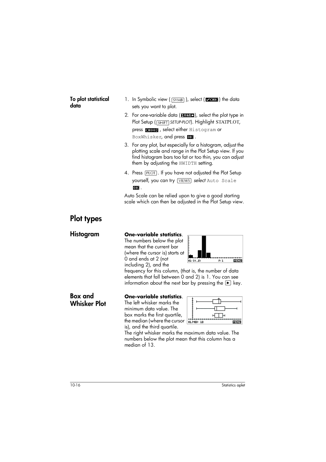 HP 39gs Graphing manual Plot types, Histogram Box and Whisker Plot, To plot statistical data 