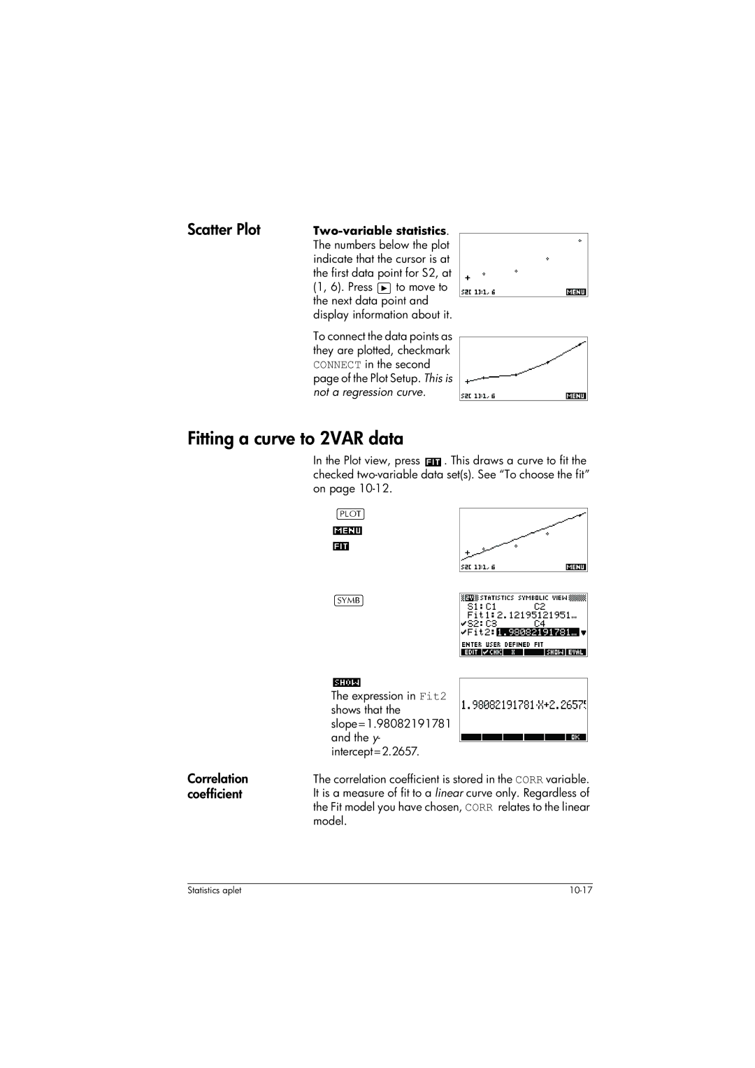 HP 39gs Graphing manual Fitting a curve to 2VAR data, Scatter Plot, Correlation coefficient 