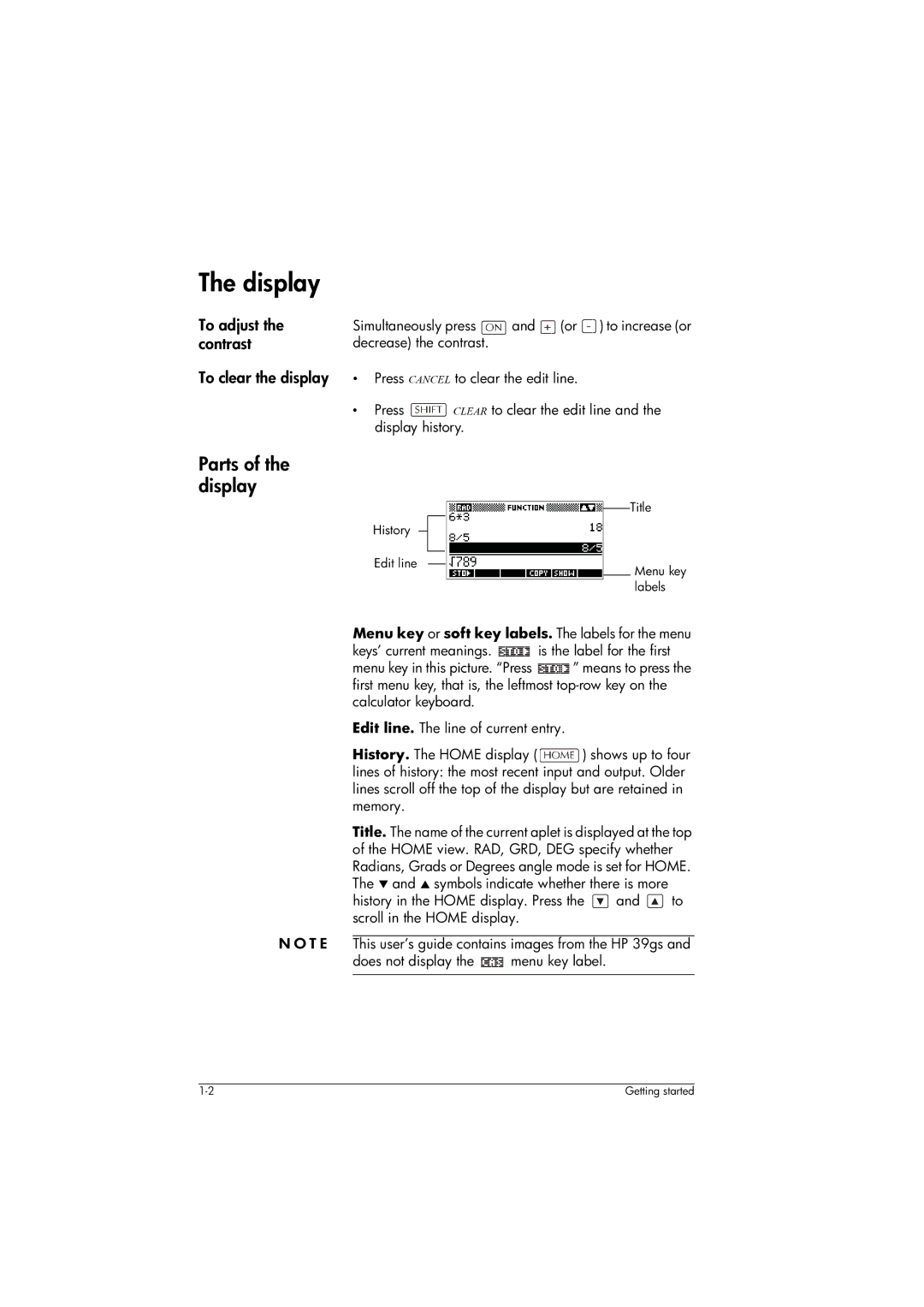 HP 39gs Graphing manual Display, Parts of the display, To adjust, Contrast, To clear the display 