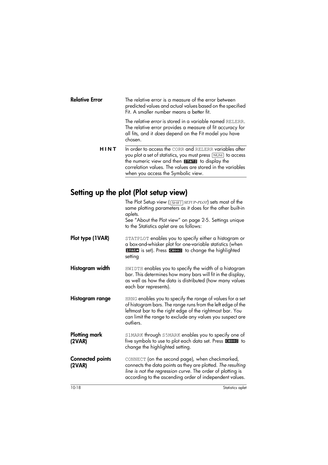 HP 39gs Graphing manual Setting up the plot Plot setup view, Relative Error, Plotting mark 2VAR Connected points 2VAR 