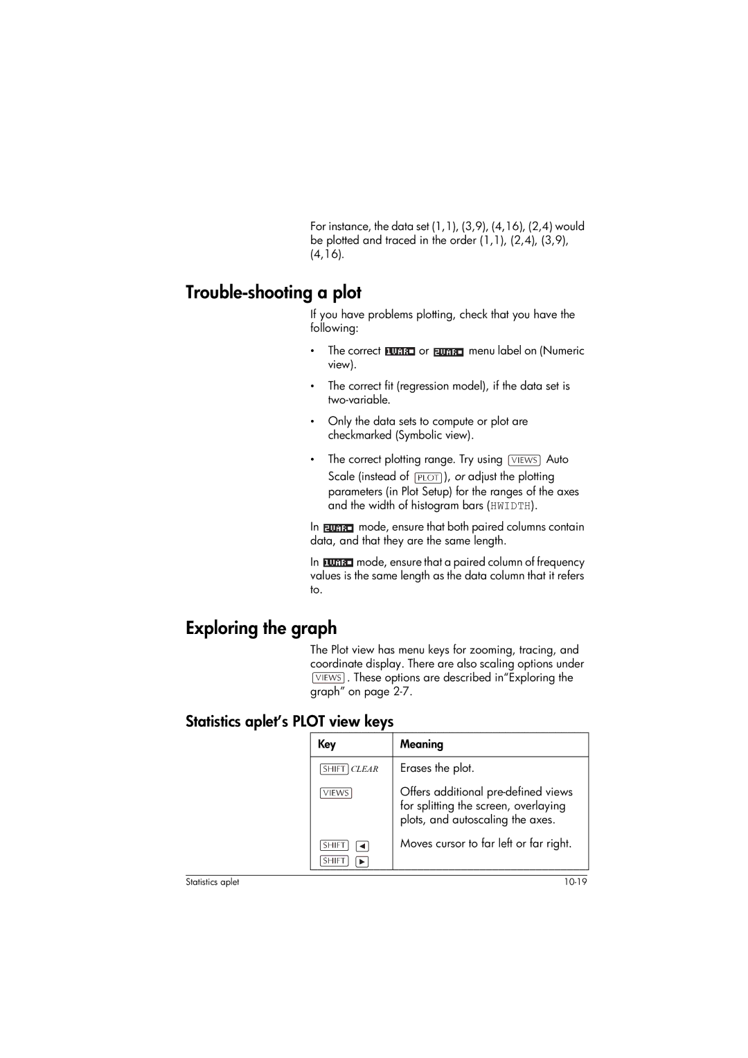 HP 39gs Graphing manual Trouble-shooting a plot, Statistics aplet’s Plot view keys, Erases the plot 