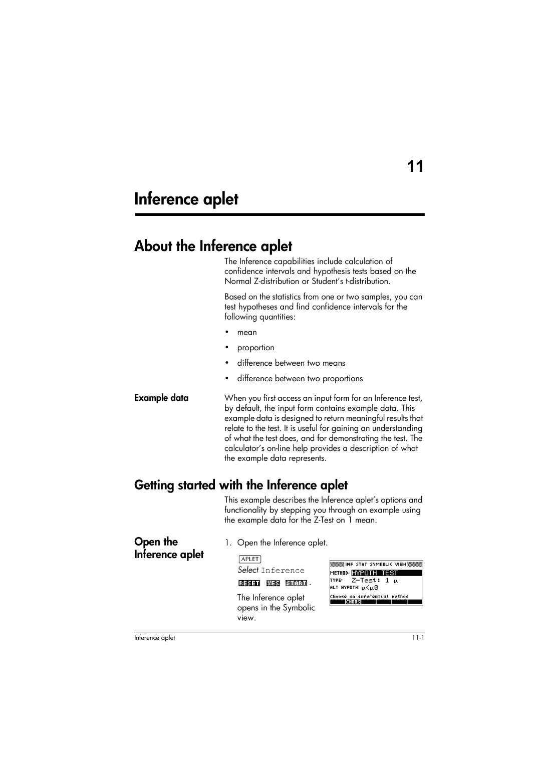 HP 39gs Graphing manual About the Inference aplet, Getting started with the Inference aplet, Open the Inference aplet 