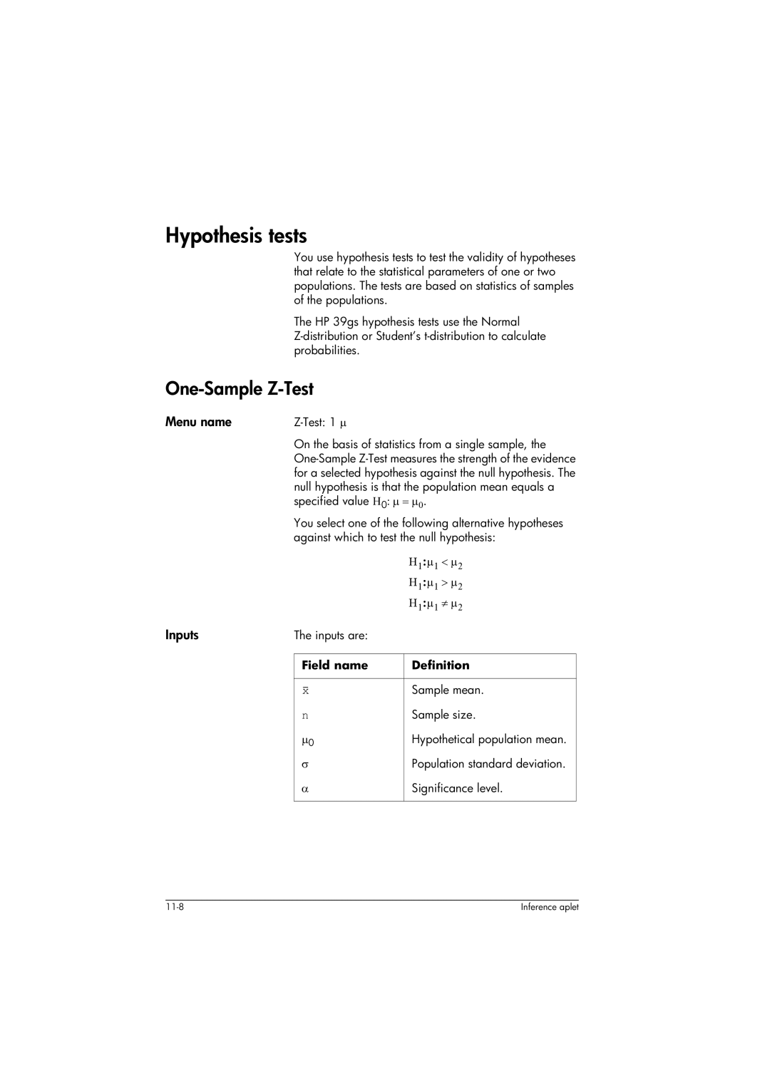 HP 39gs Graphing manual Hypothesis tests, One-Sample Z-Test, Menu name, Inputs 