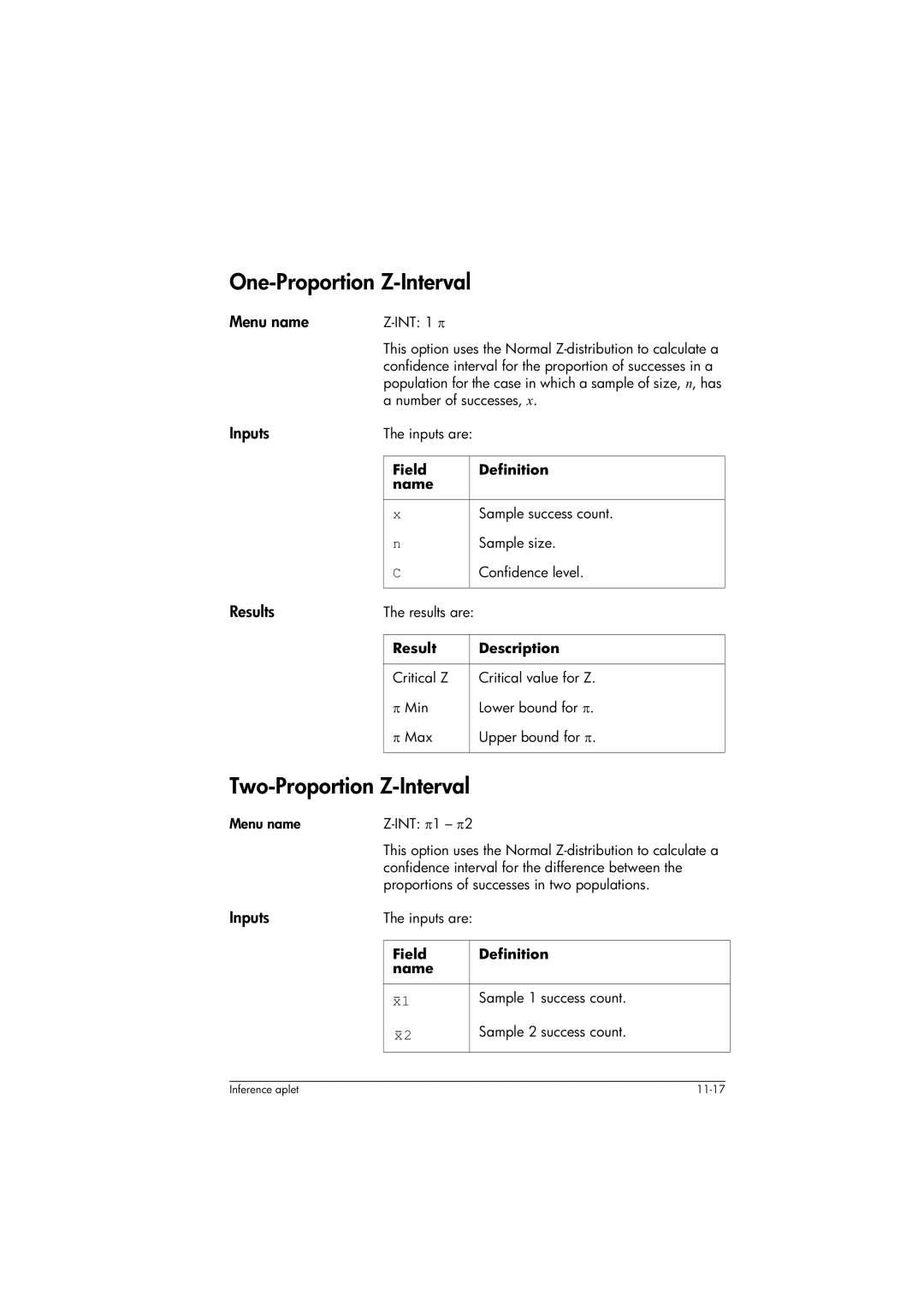 HP 39gs Graphing manual One-Proportion Z-Interval, Two-Proportion Z-Interval 