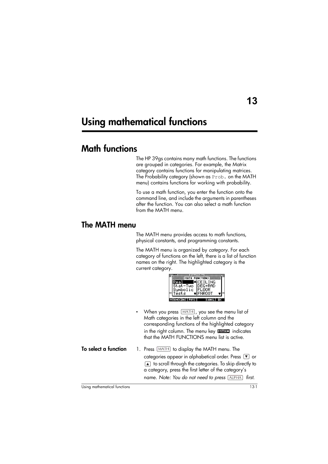 HP 39gs Graphing manual Using mathematical functions, Math functions, Math menu, Name. Note You do not need to press first 