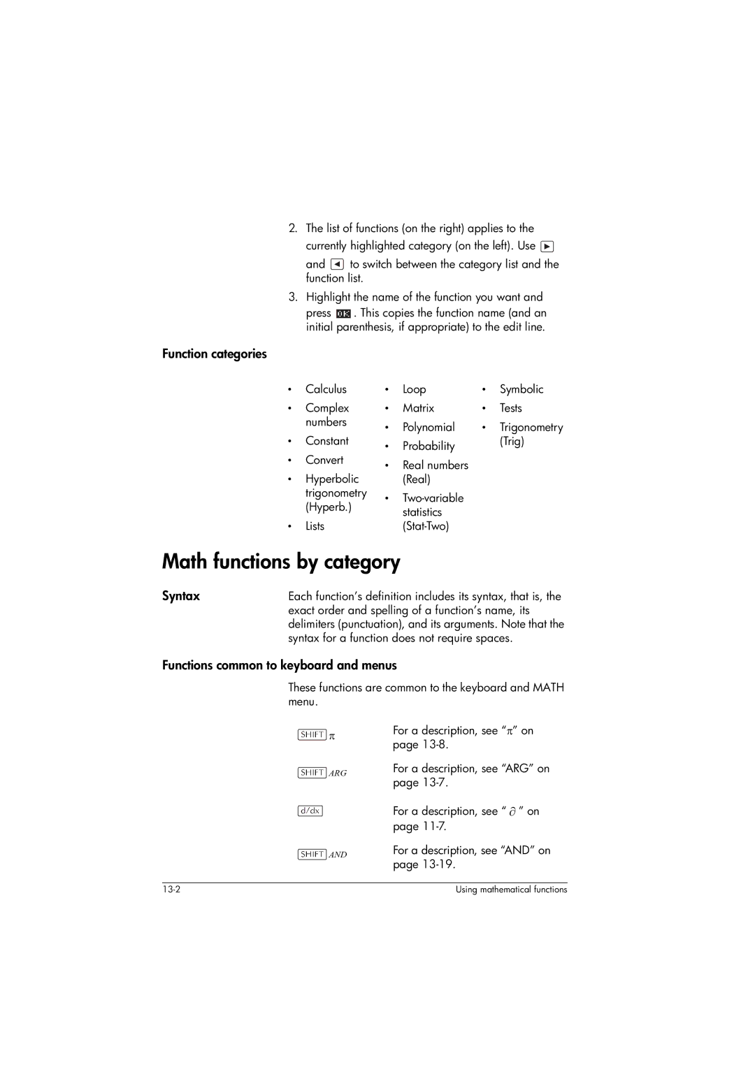 HP 39gs Graphing manual Math functions by category, Function categories, Syntax, Functions common to keyboard and menus 