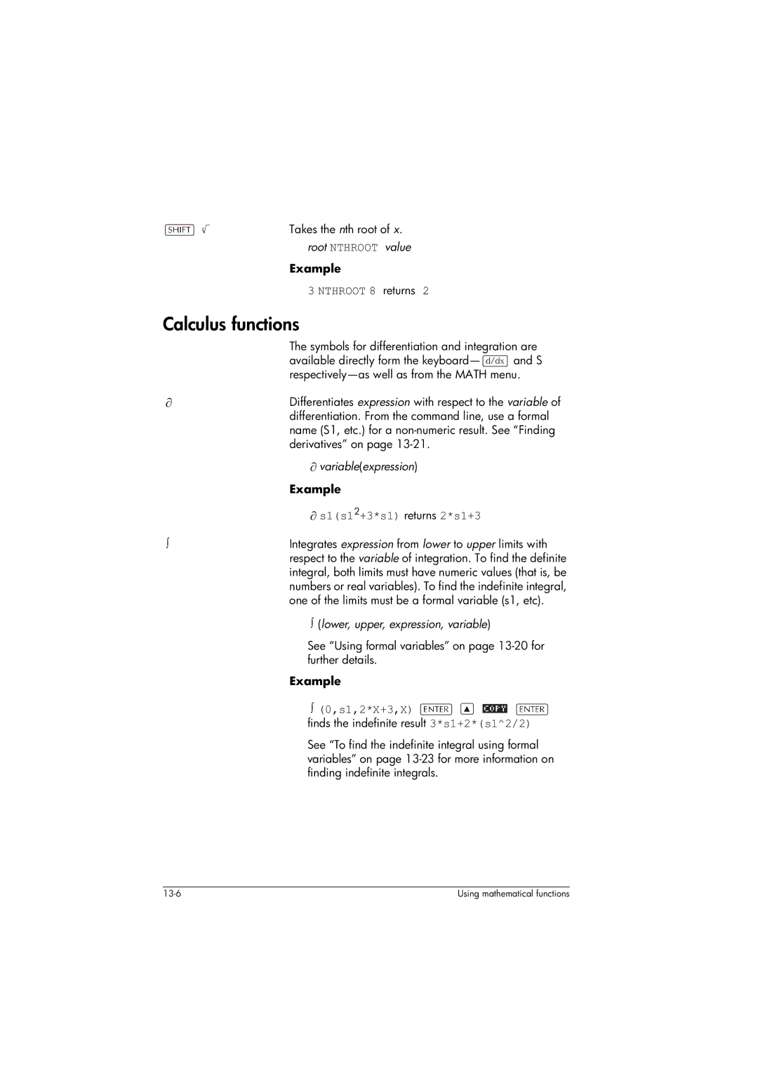 HP 39gs Graphing manual Calculus functions, Nthroot 8 returns, ∂ s1s1 2+3*s1 returns 2*s1+3, S1,2*X+3,X 