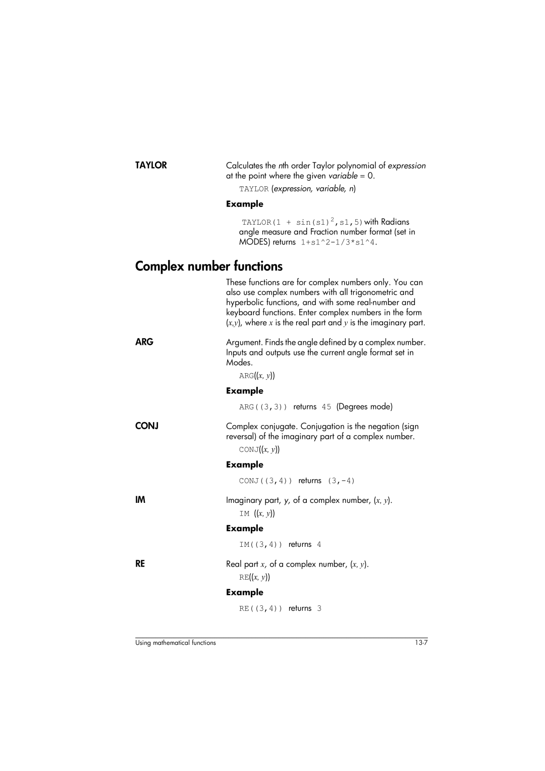 HP 39gs Graphing manual Complex number functions, Taylor, Arg, Conj 