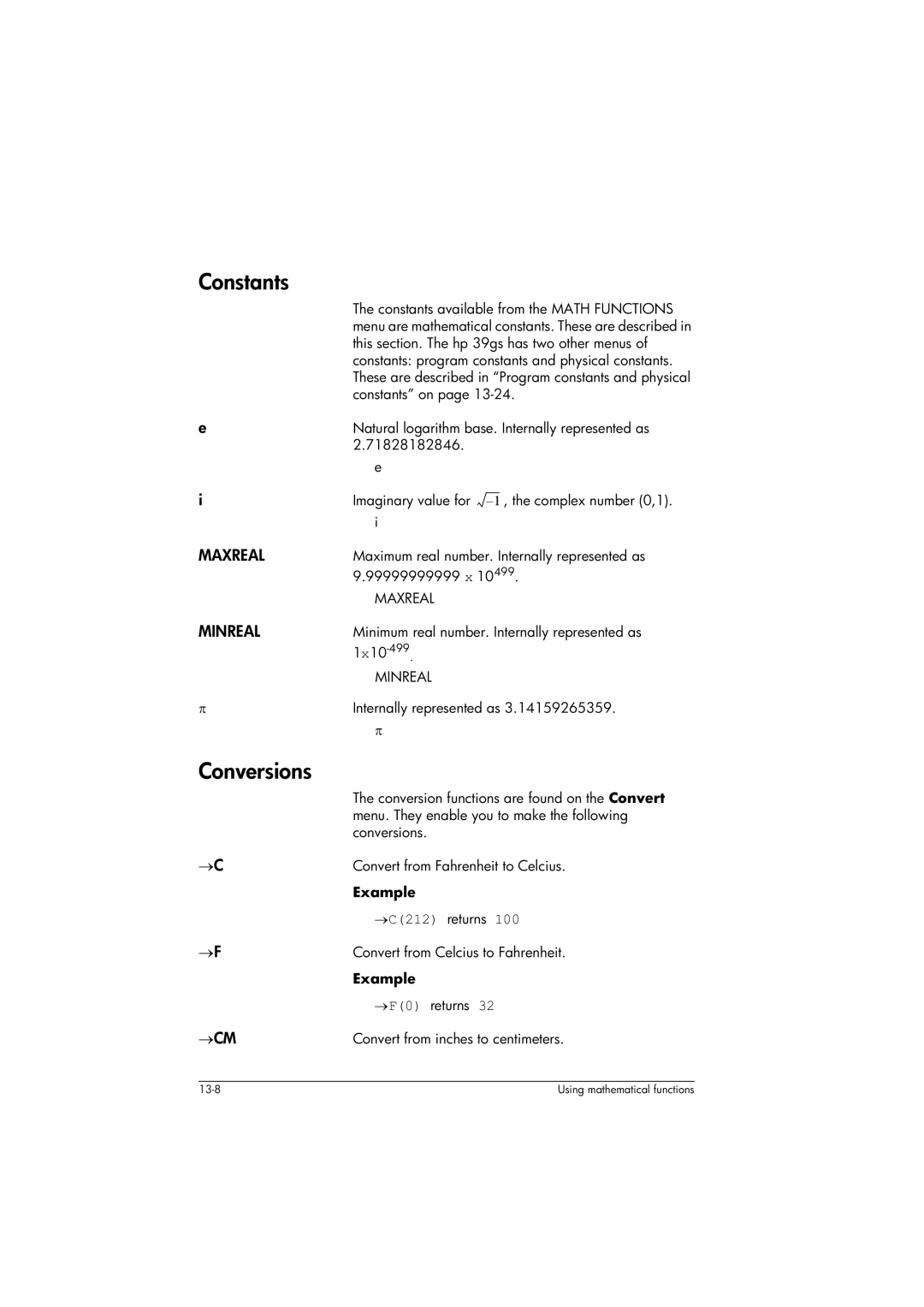 HP 39gs Graphing manual Constants, Conversions, Maxreal, Minreal, →Cm 