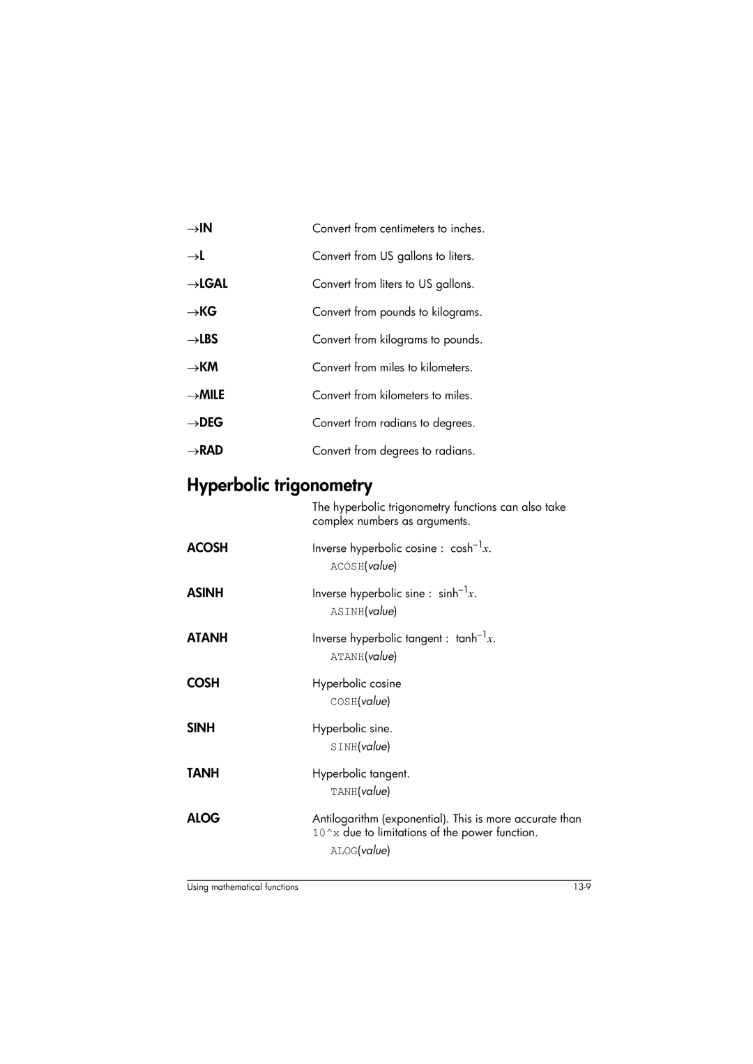 HP 39gs Graphing manual Hyperbolic trigonometry 