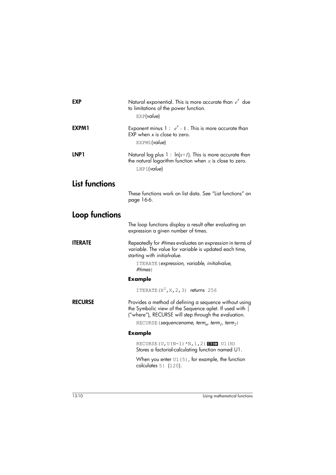 HP 39gs Graphing manual List functions, Loop functions 