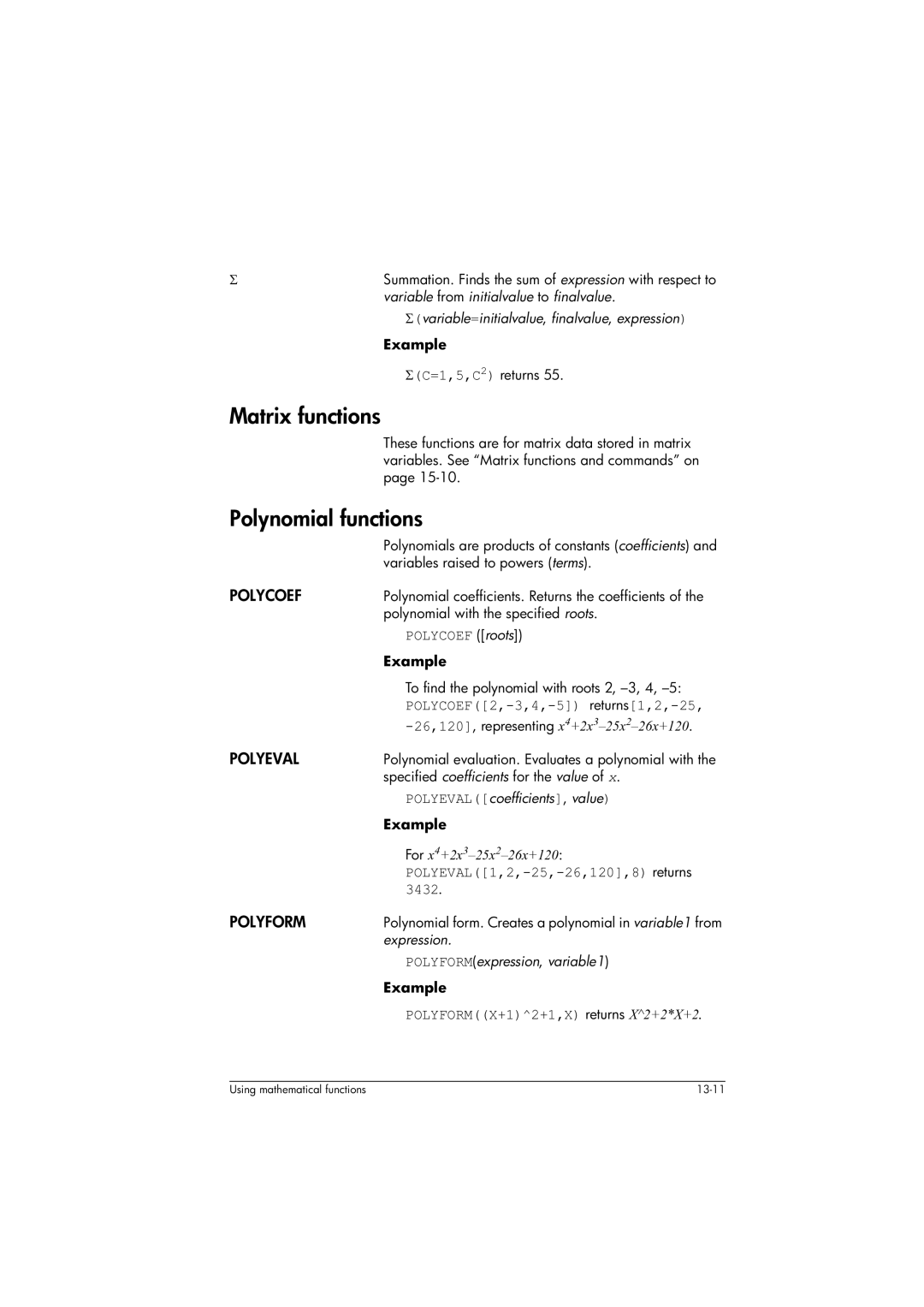 HP 39gs Graphing manual Matrix functions, Polynomial functions, Polycoef, Polyeval, Polyform 