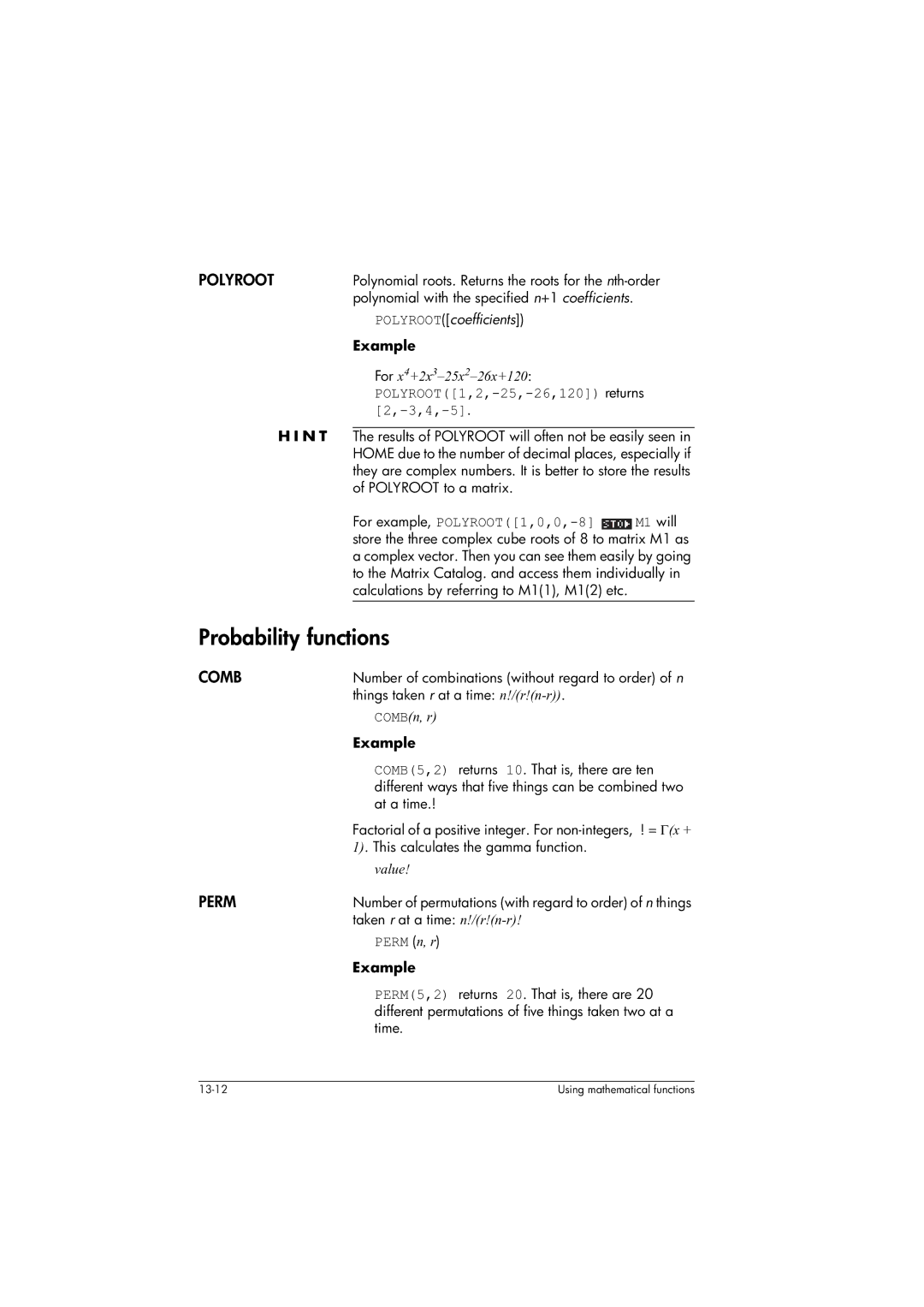 HP 39gs Graphing manual Probability functions, Polyroot, Comb, Perm 