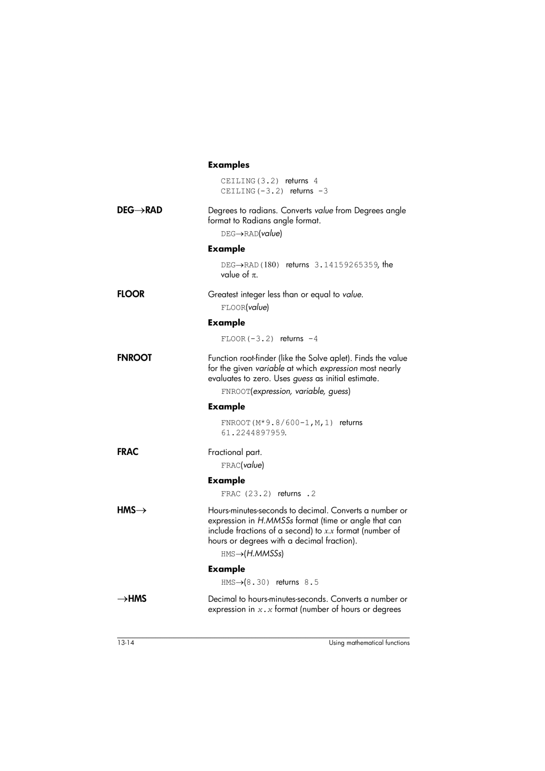 HP 39gs Graphing manual Deg→Rad, Floor, Fnroot, Frac, Hms→, →Hms 