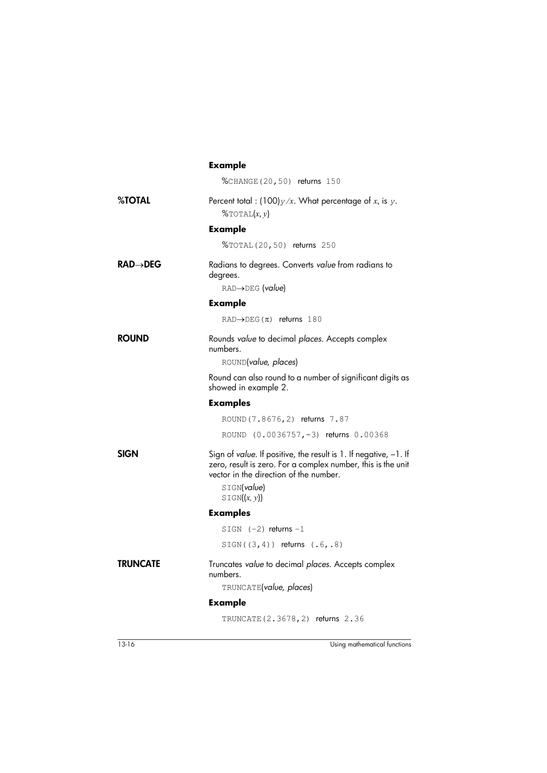 HP 39gs Graphing manual Total, Rad→Deg, Round, Sign, Truncate 