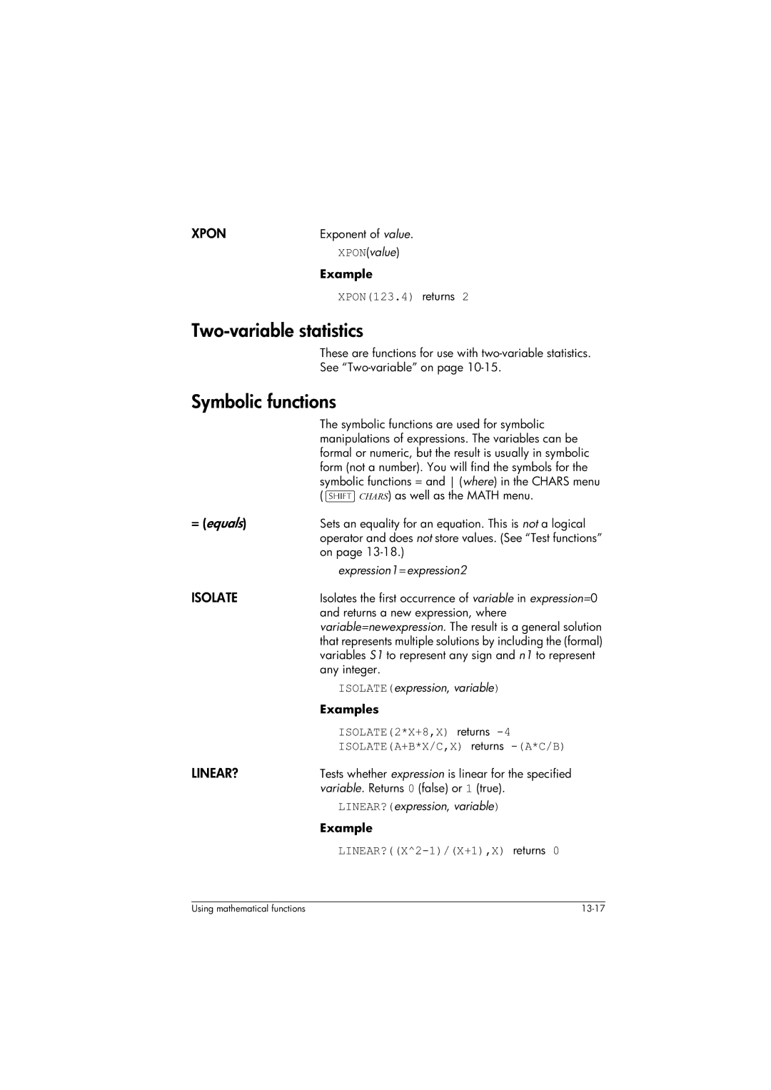 HP 39gs Graphing manual Two-variable statistics, Symbolic functions, Xpon, Isolate, Linear? 