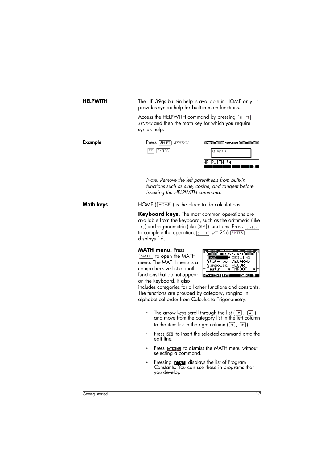 HP 39gs Graphing manual Helpwith, Math keys 