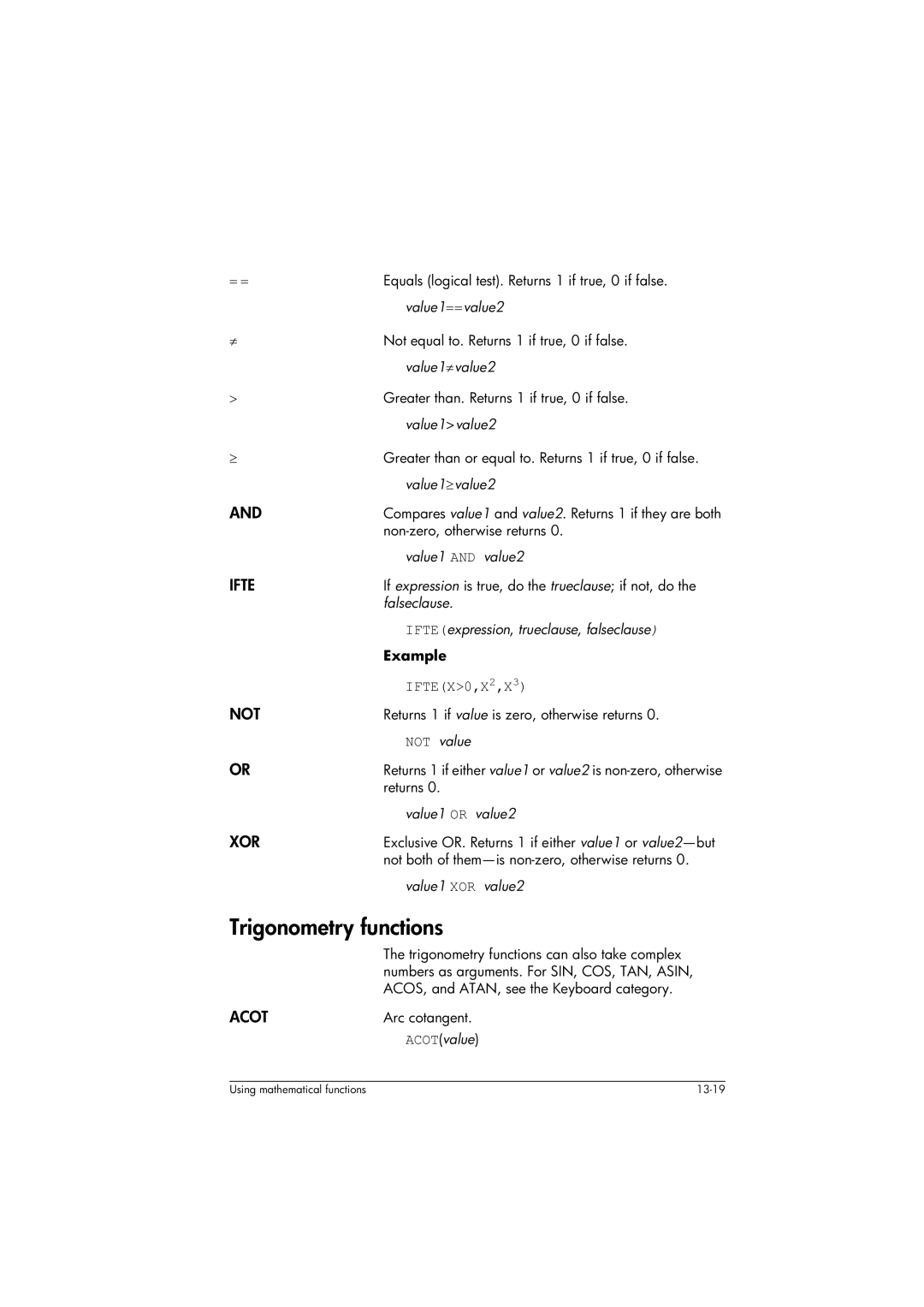 HP 39gs Graphing manual Trigonometry functions, Ifte, Not, Xor, Acot 