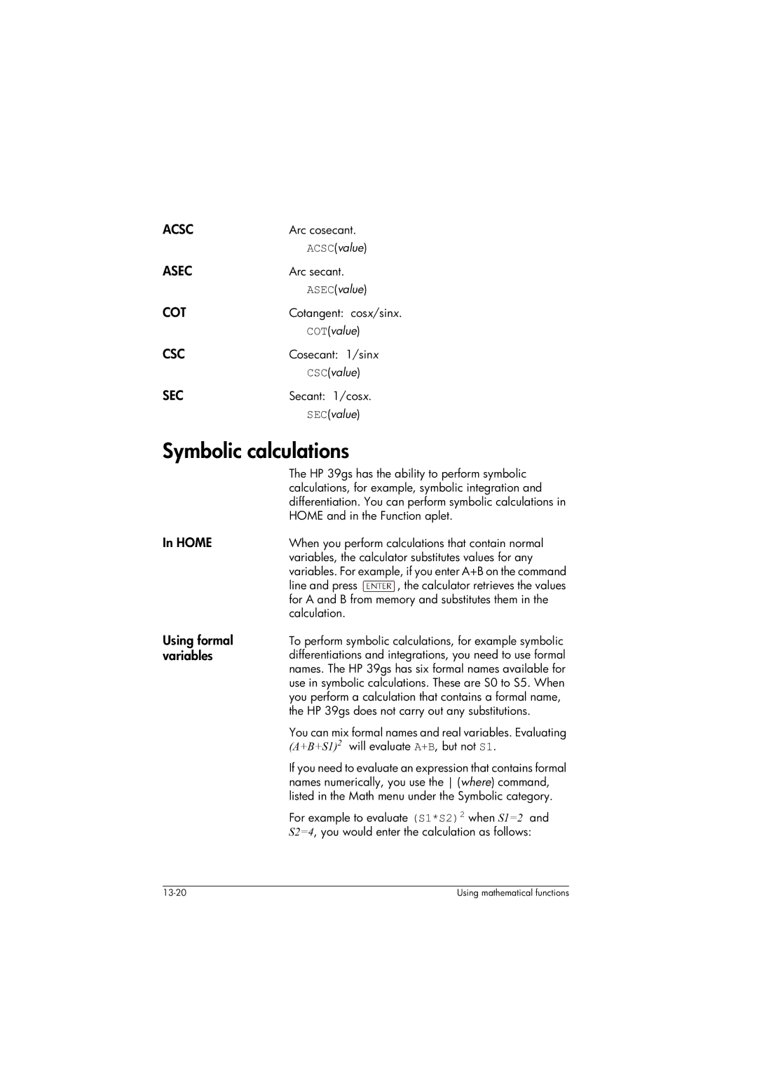 HP 39gs Graphing manual Symbolic calculations 