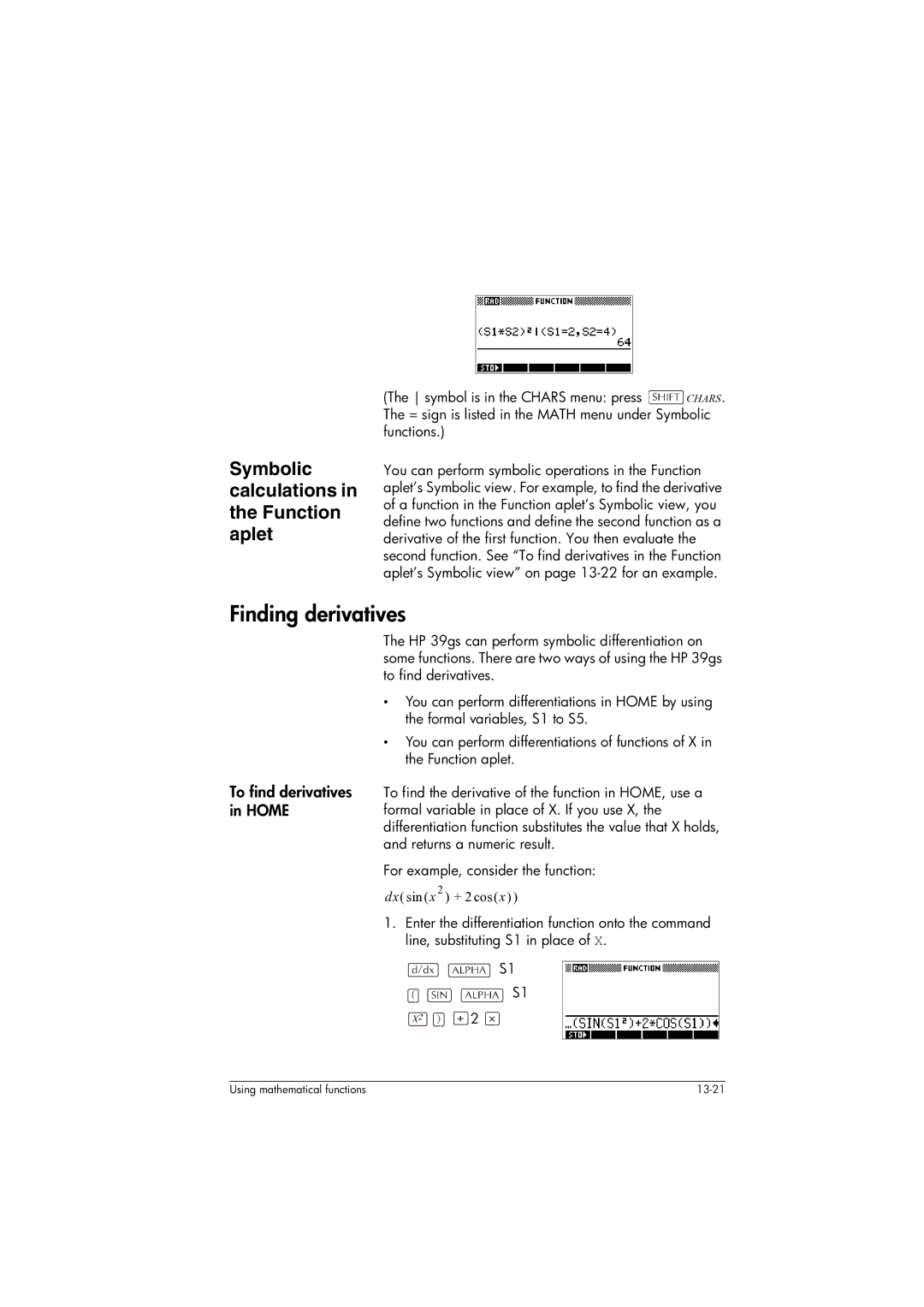 HP 39gs Graphing manual Finding derivatives, To find derivatives in Home 