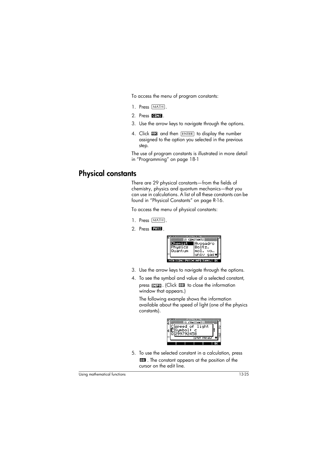 HP 39gs Graphing manual Physical constants 