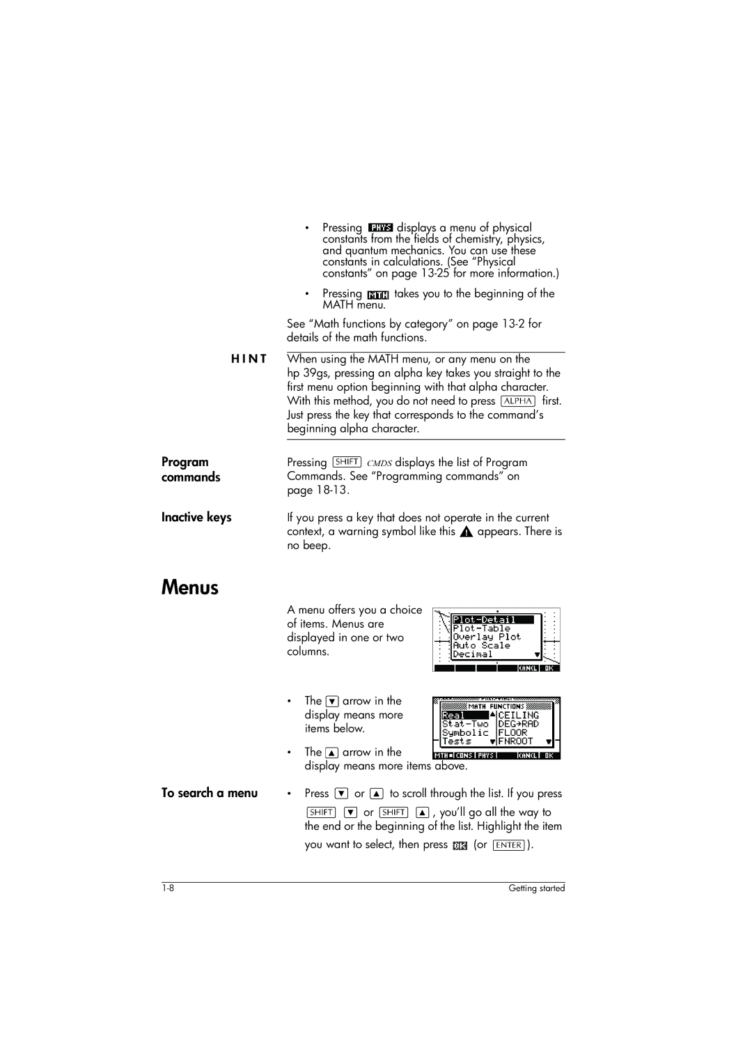 HP 39gs Graphing manual Menus, Program, Commands, Inactive keys, To search a menu 