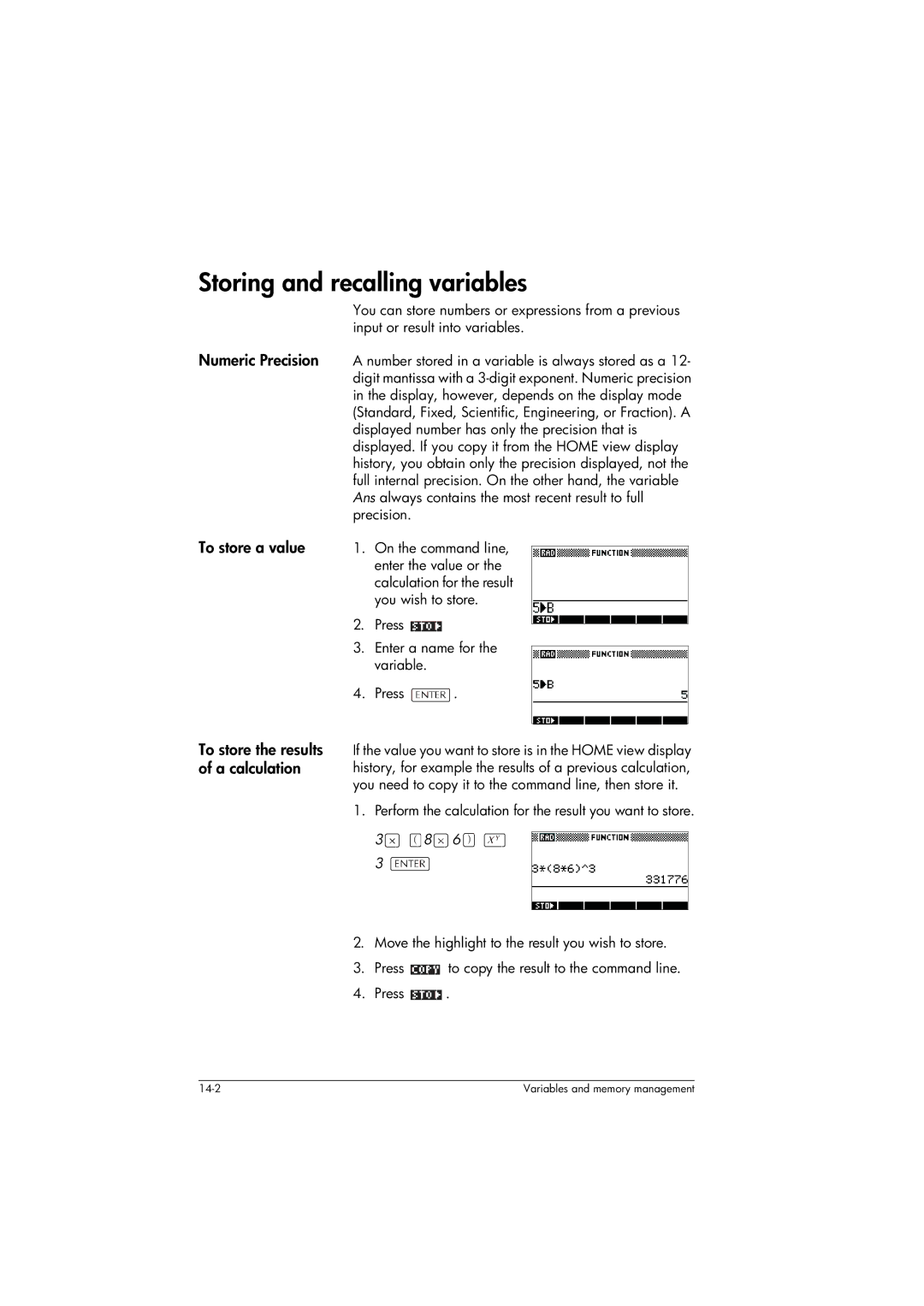 HP 39gs Graphing manual Storing and recalling variables 