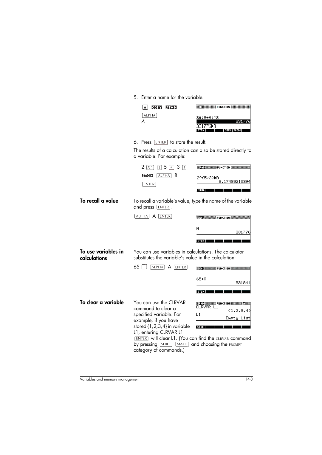 HP 39gs Graphing manual To use variables, Calculations, To clear a variable 