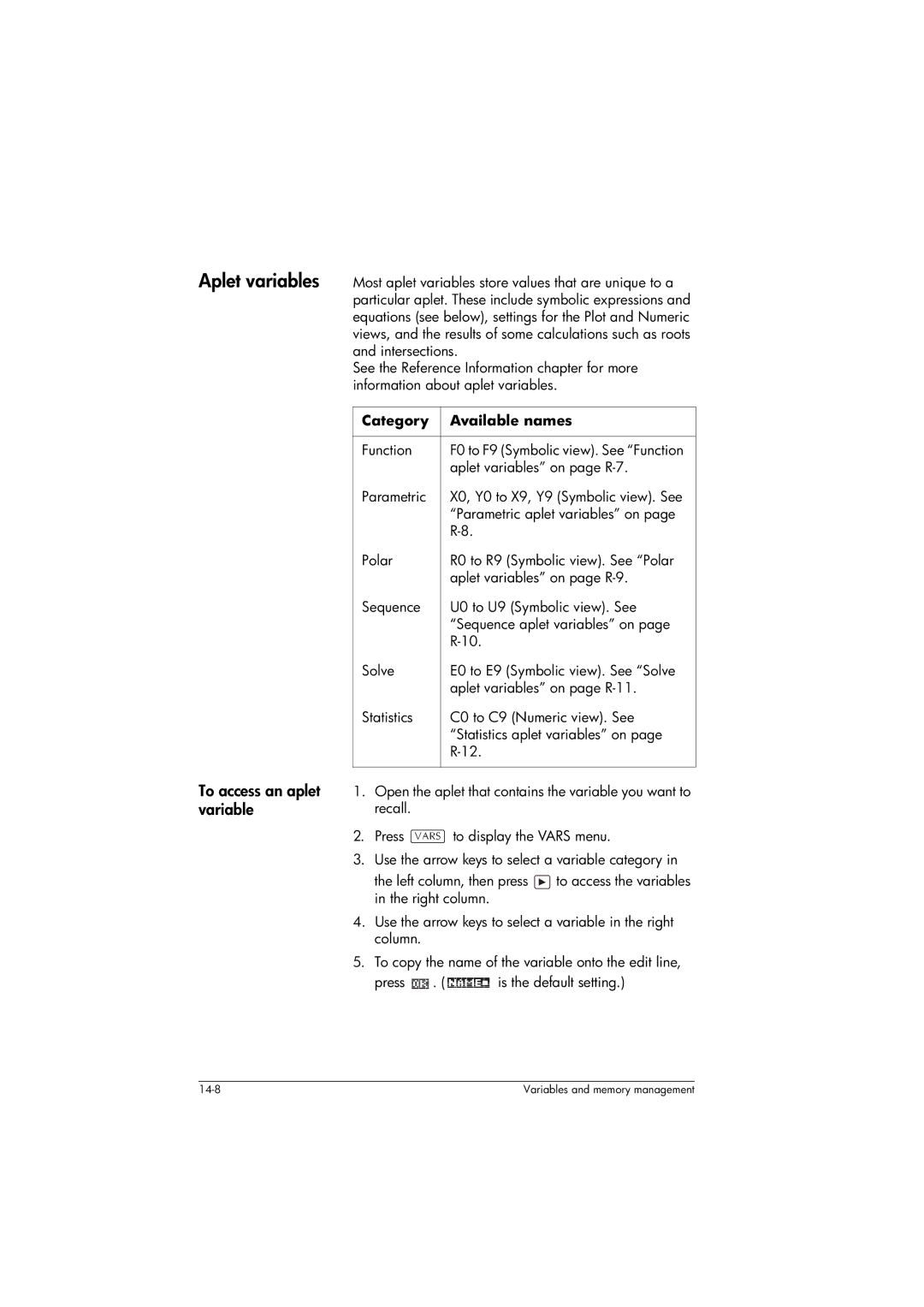 HP 39gs Graphing manual To access an aplet, Variable, Aplet variables on page R-7, X0, Y0 to X9, Y9 Symbolic view. See 