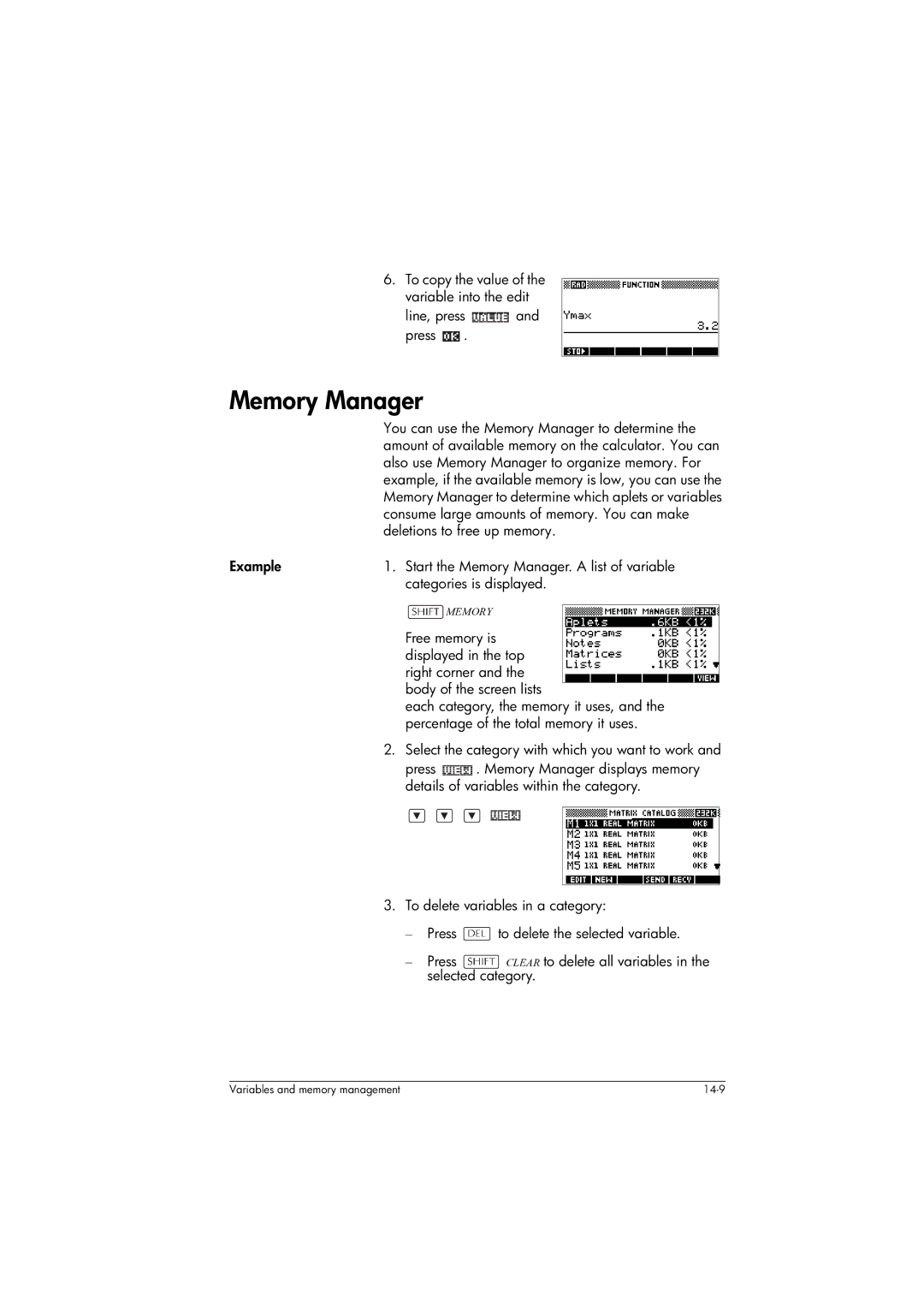 HP 39gs Graphing manual Memory Manager, Line, press and press, Details of variables within the category 