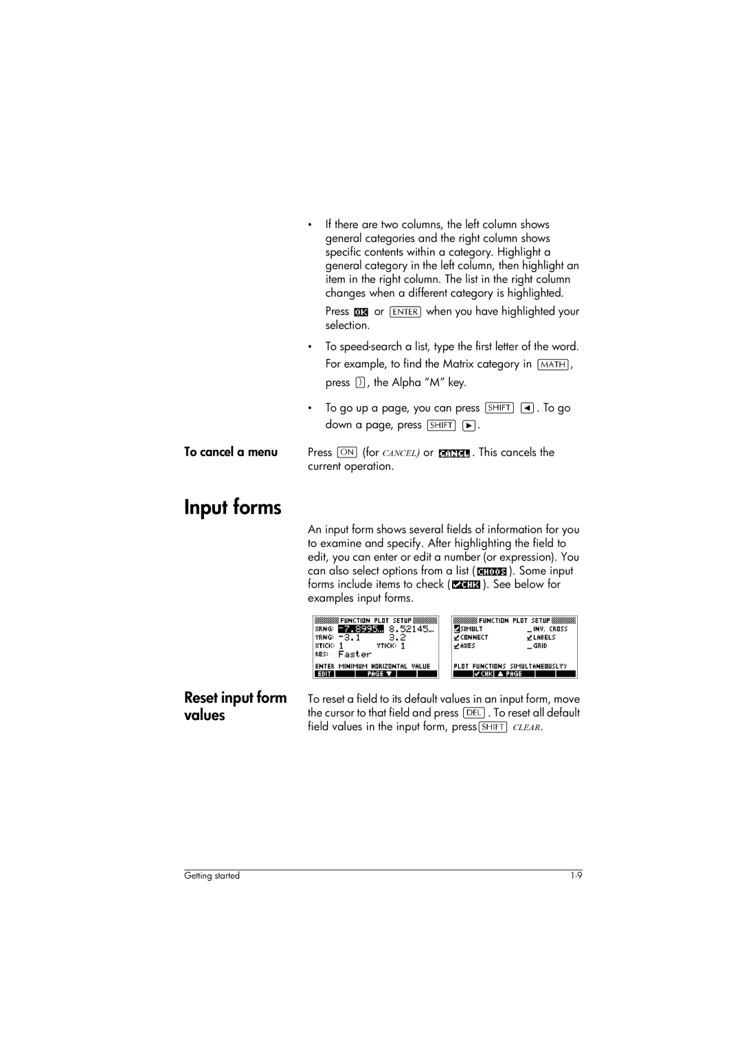 HP 39gs Graphing manual Input forms, Reset input form values 