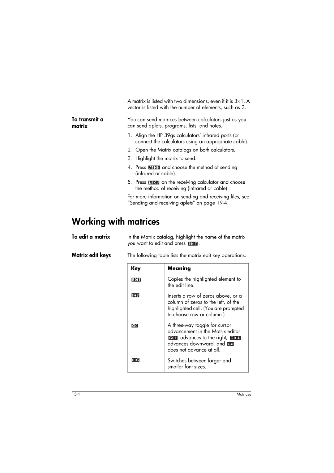 HP 39gs Graphing manual Working with matrices, To transmit a matrix 