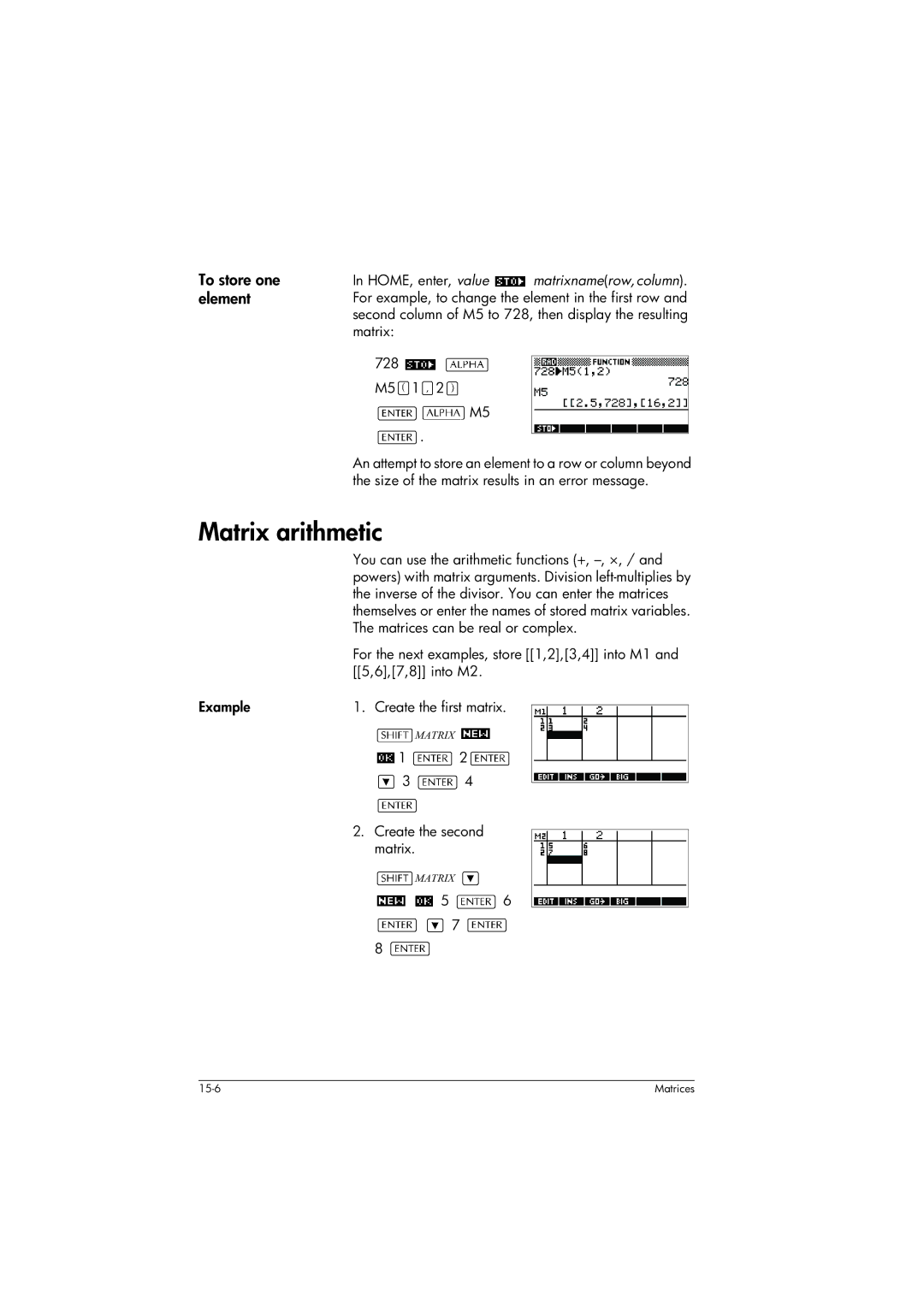 HP 39gs Graphing manual Matrix arithmetic, To store one element, Create the second matrix 