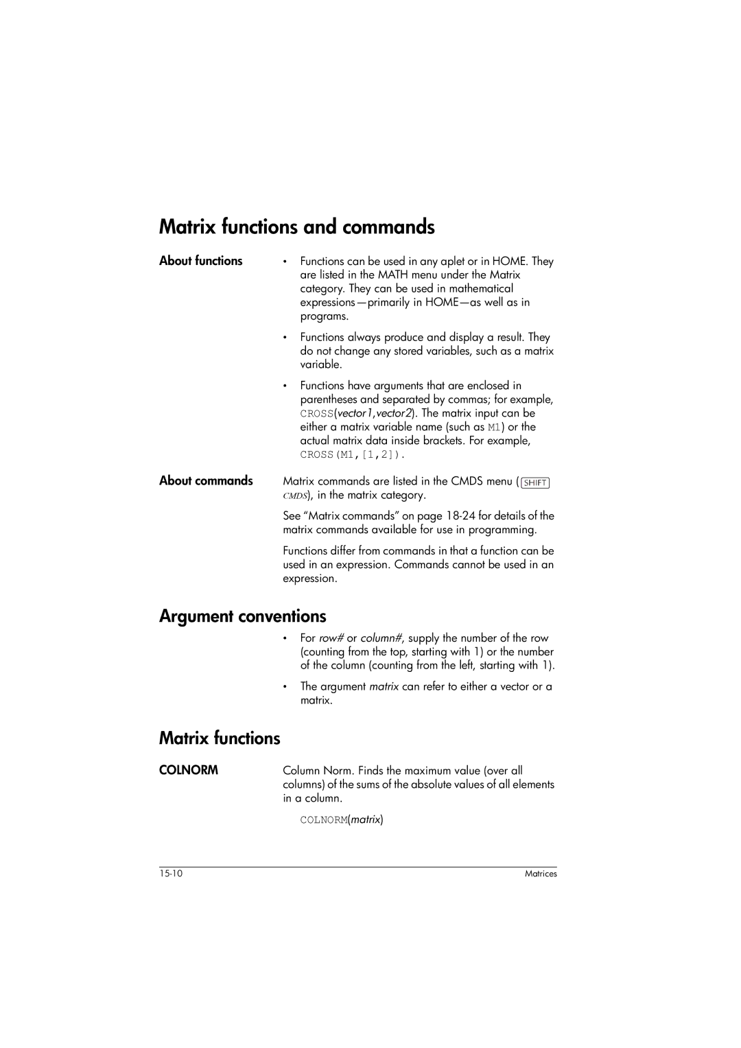 HP 39gs Graphing manual Matrix functions and commands, Argument conventions, About functions, About commands, Colnorm 