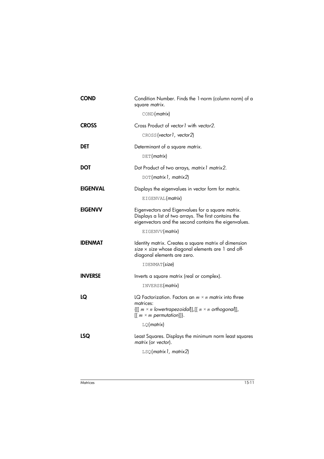 HP 39gs Graphing manual Cond, Cross, Det, Dot, Eigenval, Eigenvv, Idenmat, Inverse, Lsq 