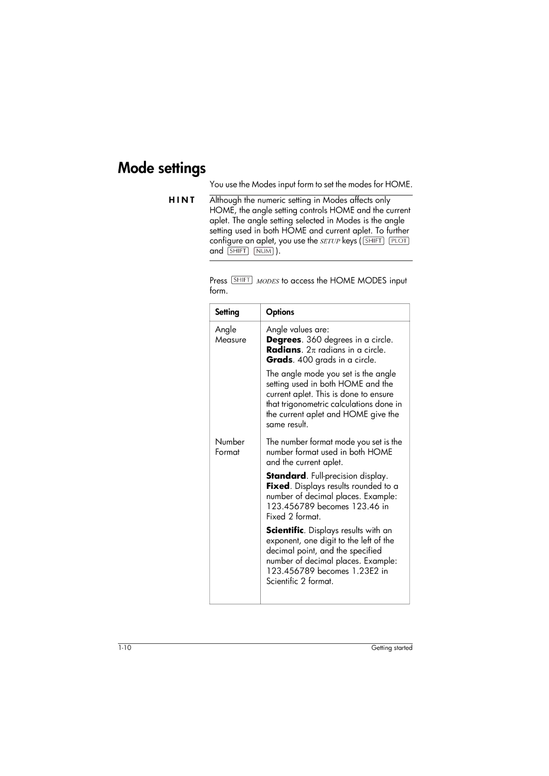 HP 39gs Graphing manual Mode settings, You use the Modes input form to set the modes for Home 