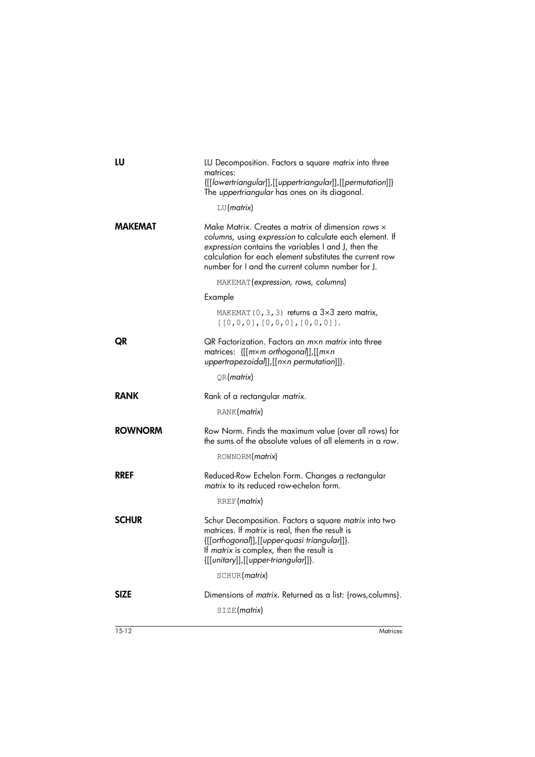 HP 39gs Graphing manual Makemat, Rank, Rownorm, Rref, Schur, Size 