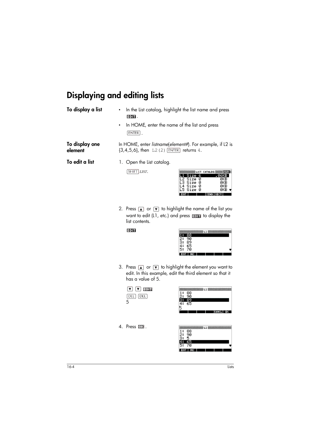 HP 39gs Graphing manual Displaying and editing lists, To display a list, To display one, Element, To edit a list 