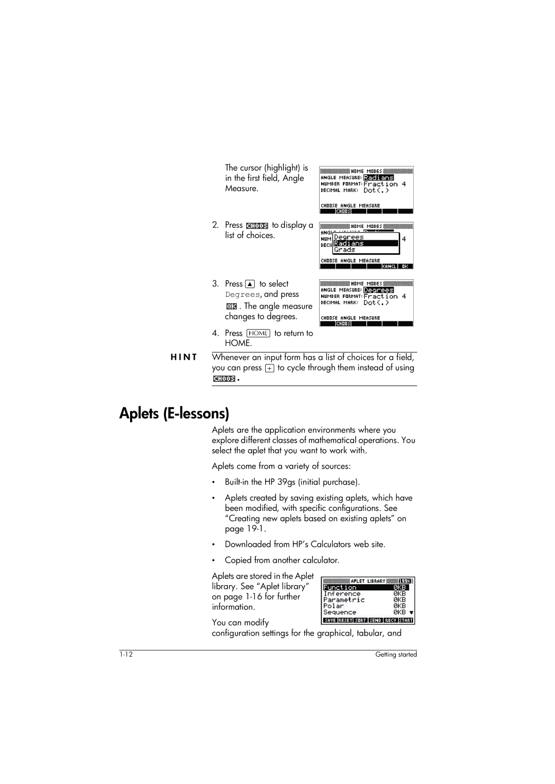 HP 39gs Graphing manual Aplets E-lessons, Press to return to Home 