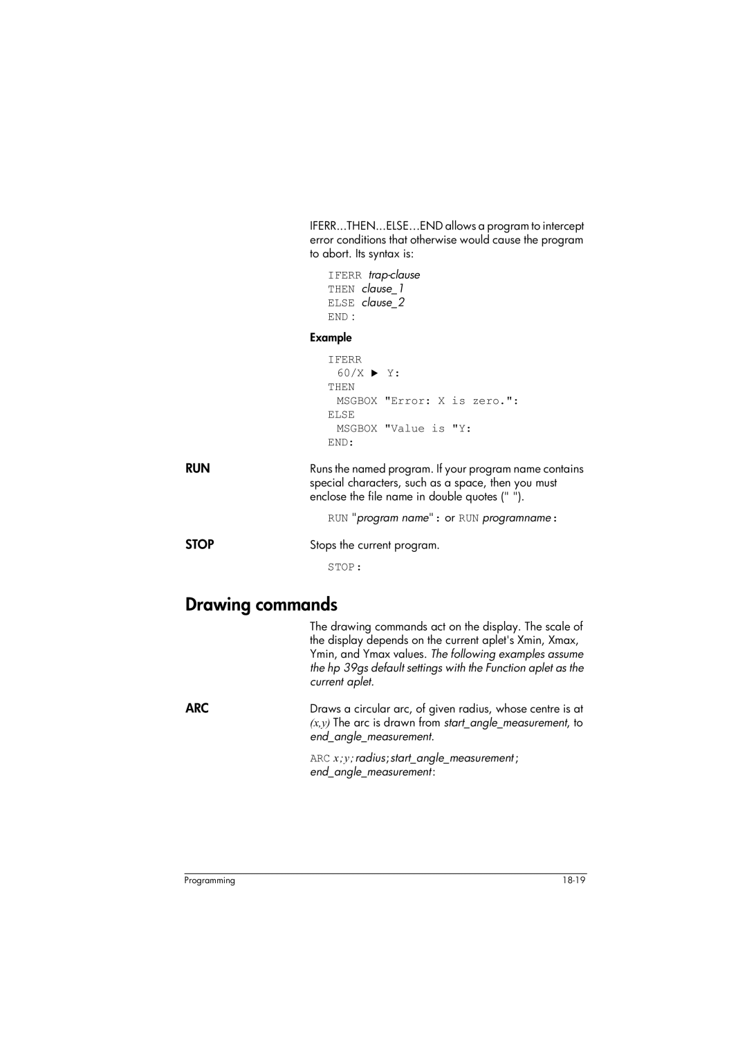 HP 39gs Graphing manual Drawing commands, Run, Stop 