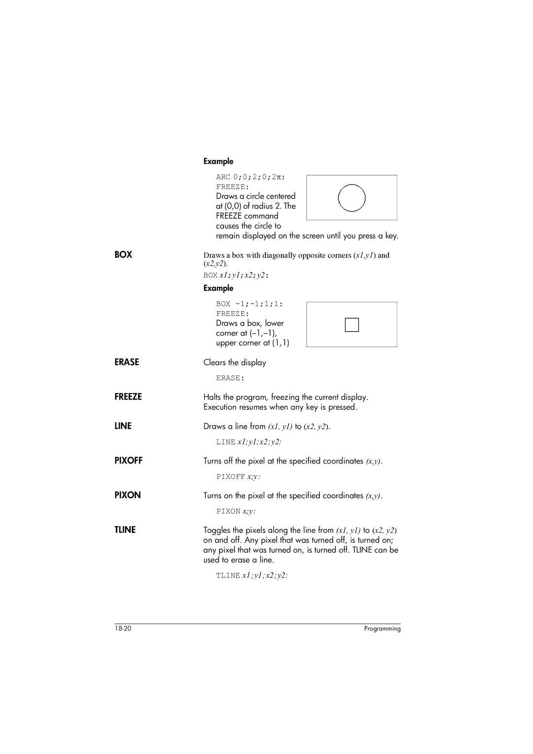 HP 39gs Graphing manual Box, Erase, Freeze, Line, Pixoff, Pixon, Tline 