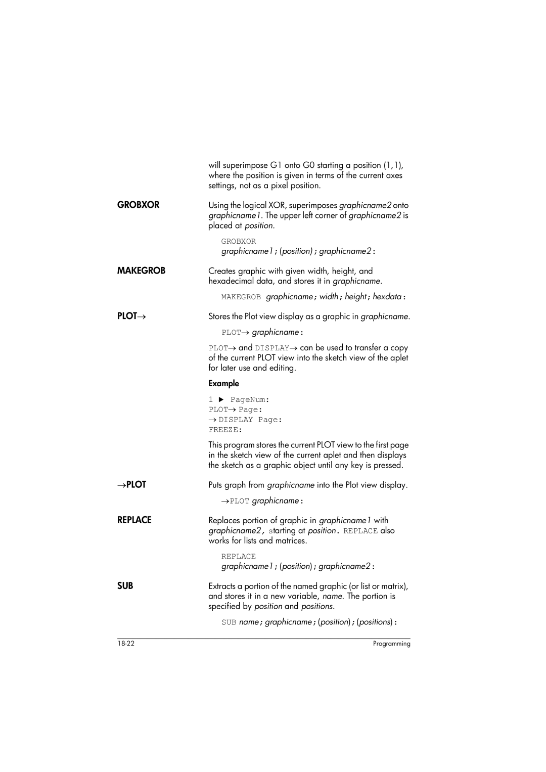 HP 39gs Graphing manual Grobxor, Makegrob, Plot→, →Plot, Replace, Sub 