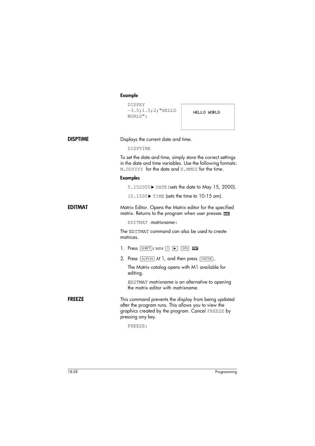 HP 39gs Graphing manual Disptime, 51.52HELLO, Editmat matrixname 