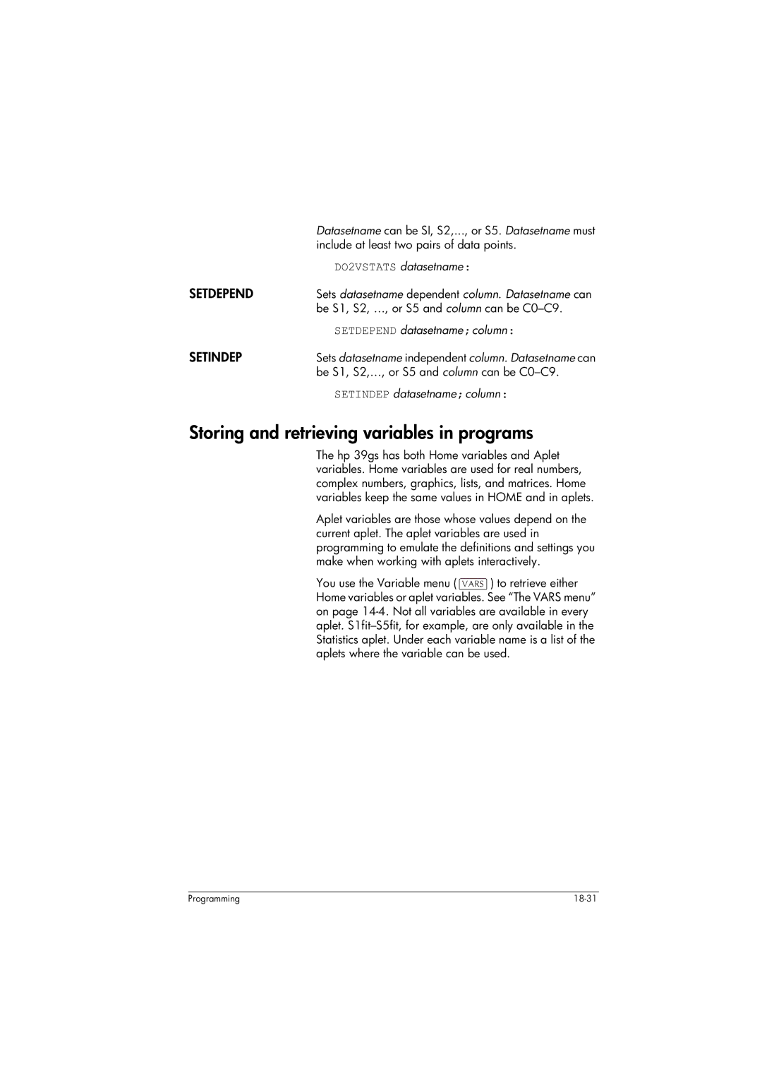 HP 39gs Graphing manual Storing and retrieving variables in programs 