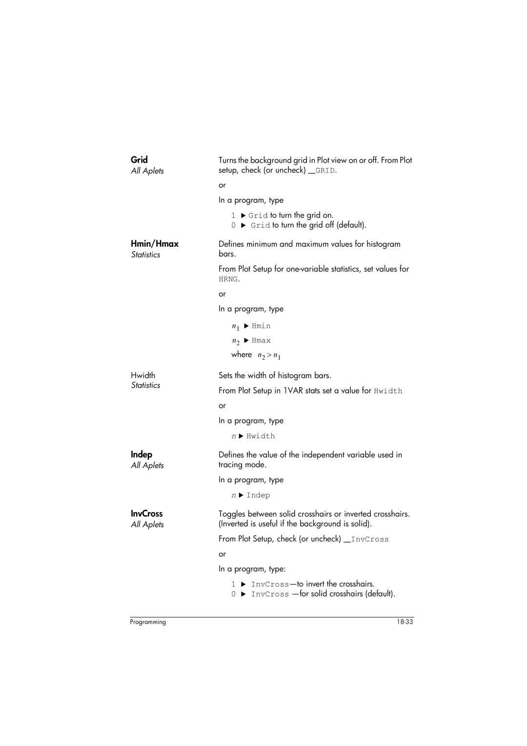 HP 39gs Graphing manual Grid, Hmin/Hmax, Indep, InvCross 