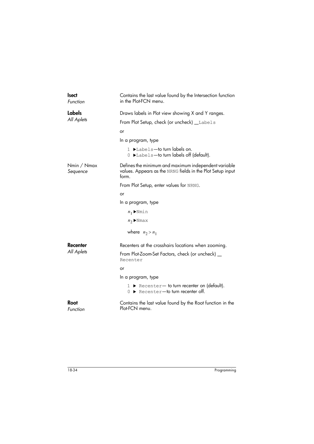 HP 39gs Graphing manual Isect, Labels, Recenter, Root, N1 Nmin N2 Nmax 
