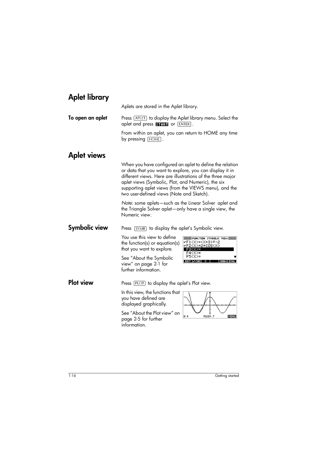 HP 39gs Graphing manual Aplet library, Aplet views, Symbolic view Plot view, Press to display the aplet’s Symbolic view 