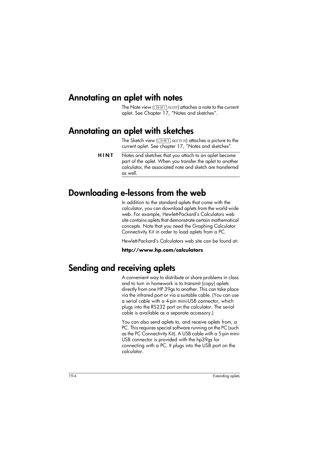 HP 39gs Graphing manual Downloading e-lessons from the web, Sending and receiving aplets 