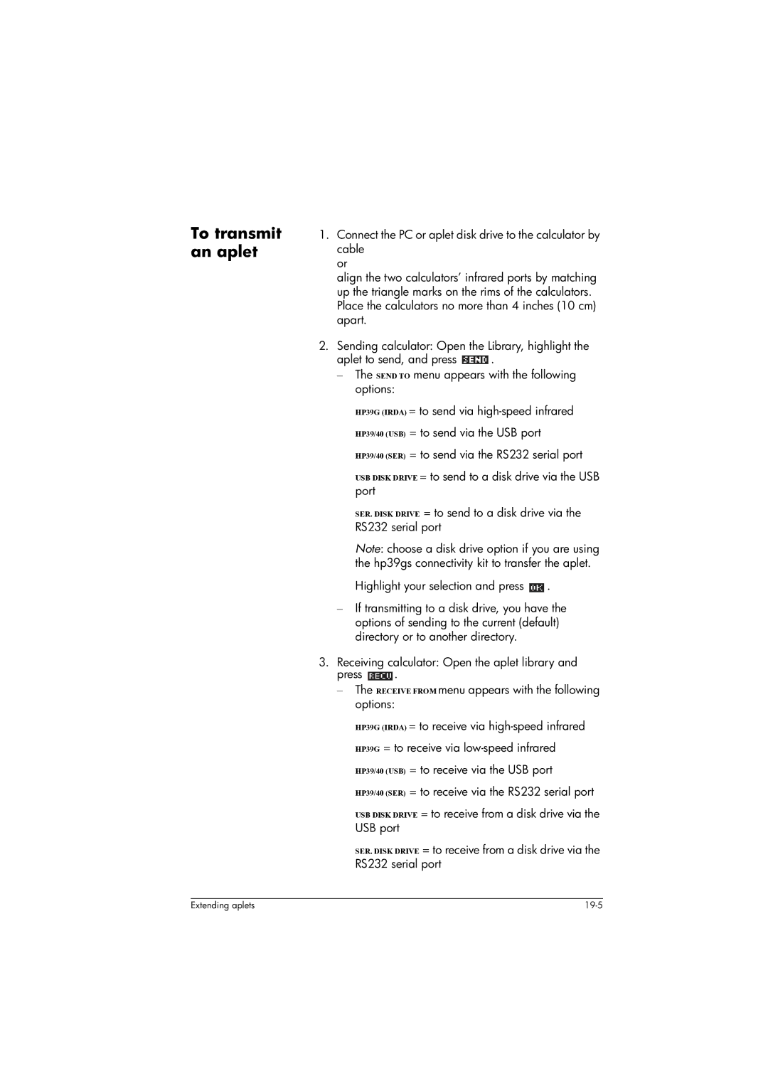 HP 39gs Graphing manual To transmit an aplet 