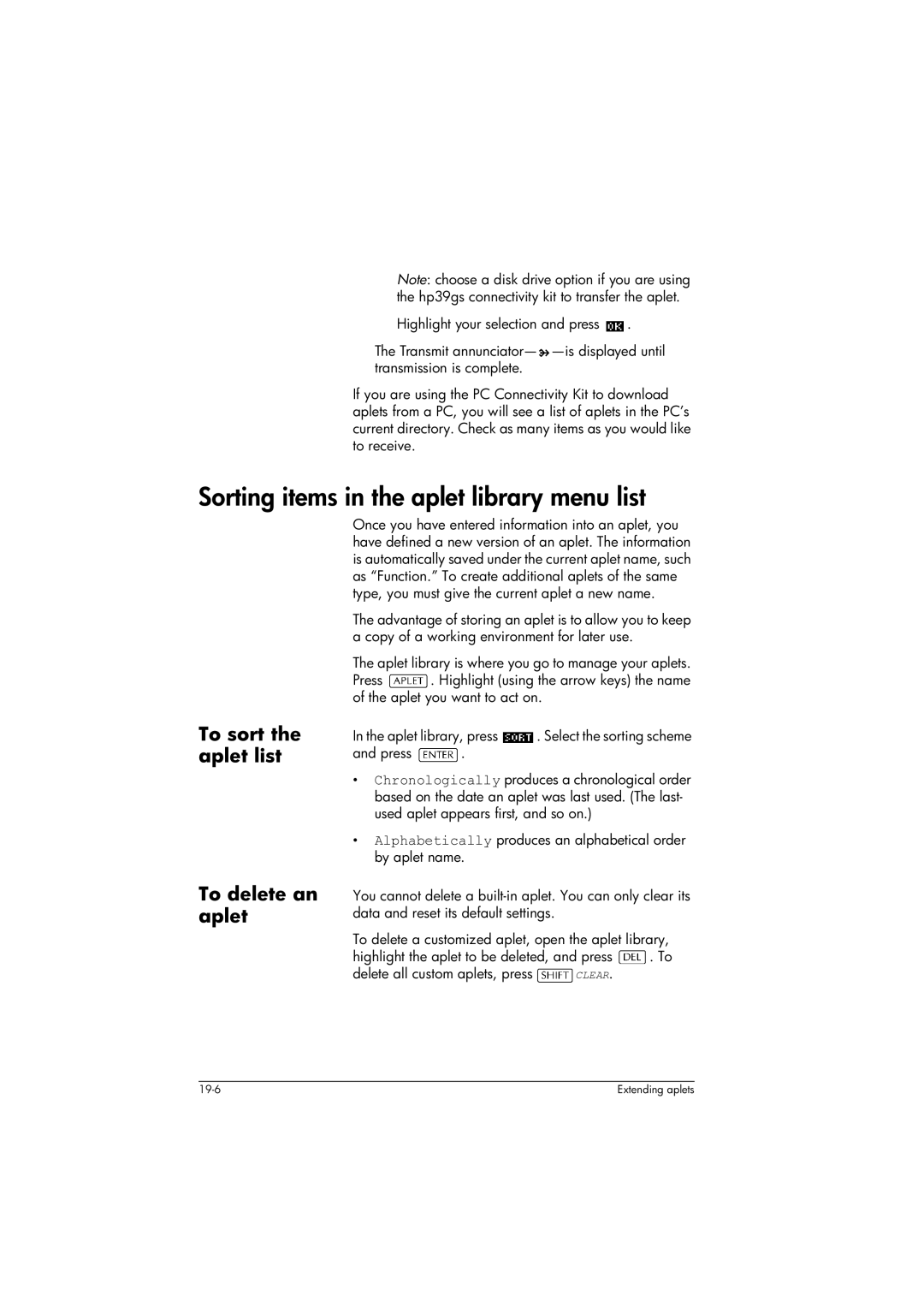 HP 39gs Graphing manual Sorting items in the aplet library menu list, To sort the aplet list To delete an aplet 